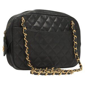CHANEL Matelasse Chain Shoulder Bag Lamb Skin Black Gold CC Auth 120644